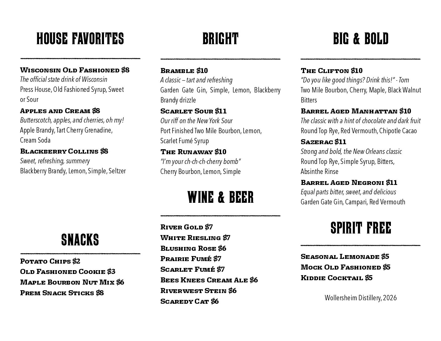 Wollersheim Distillery Menu Winter, 2025