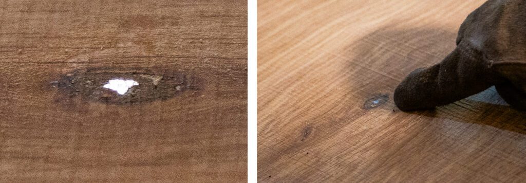 A close up of an old bullet lodged toward the center of an oak tree. In a second panel, a finger points to the bullet to give it scale.