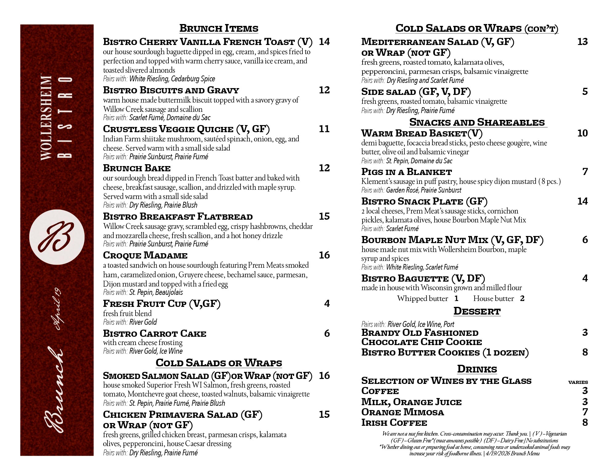 Bistro Brunch Menu, April 19, 2026