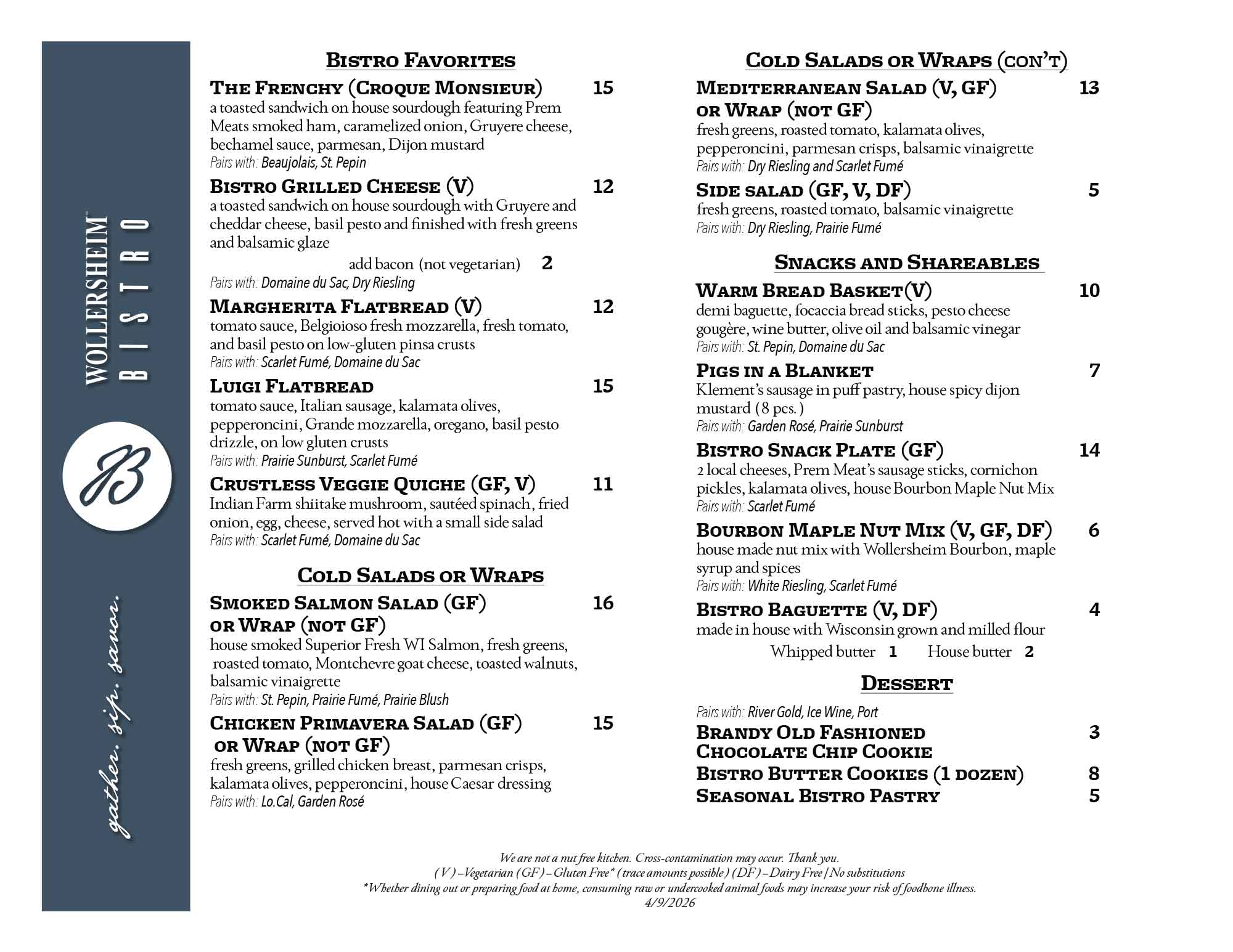 Wollersheim Bistro Menu - November 23, 2025