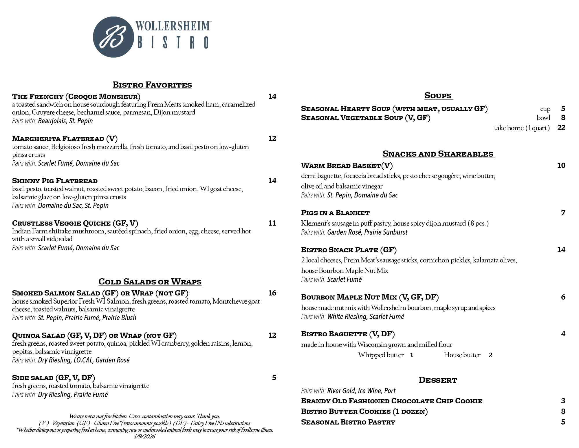 Wollersheim Bistro Menu - November 23, 2025