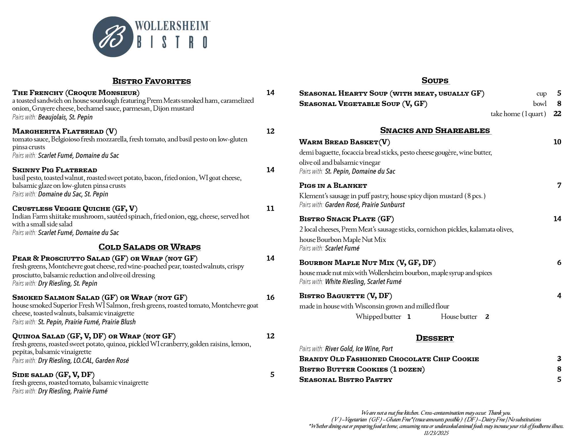 Wollersheim Bistro Menu - November 23, 2025
