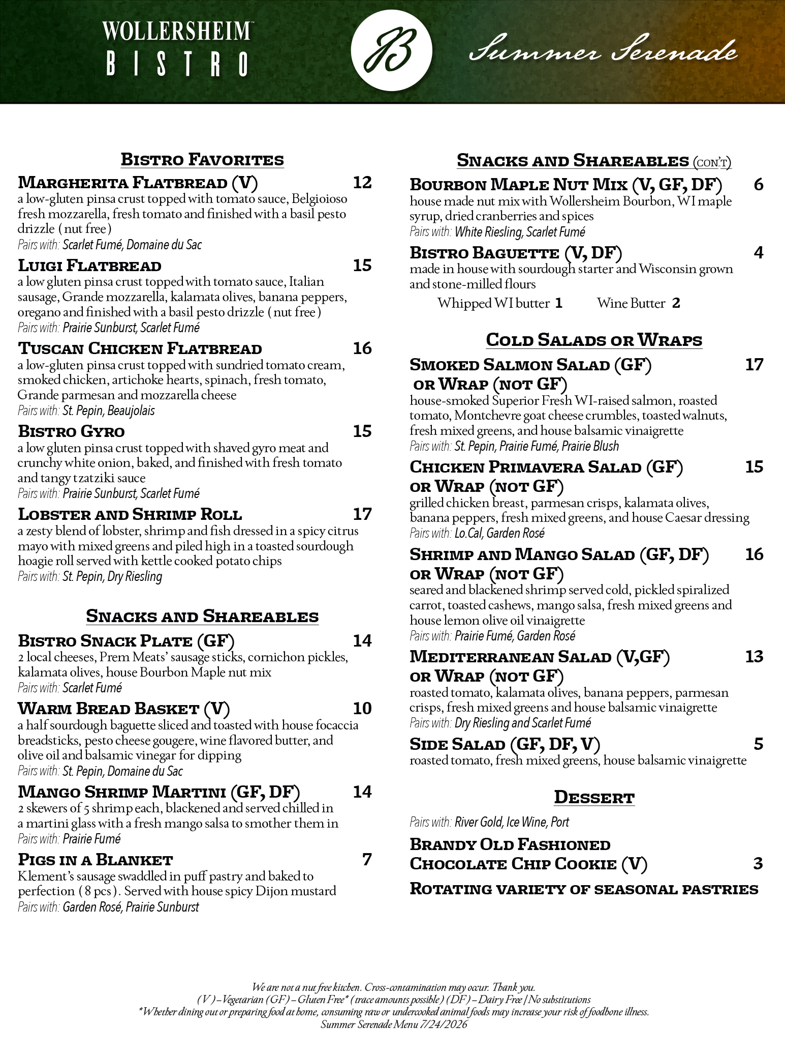 Wollersheim Bistro Menu - Summer Serenade