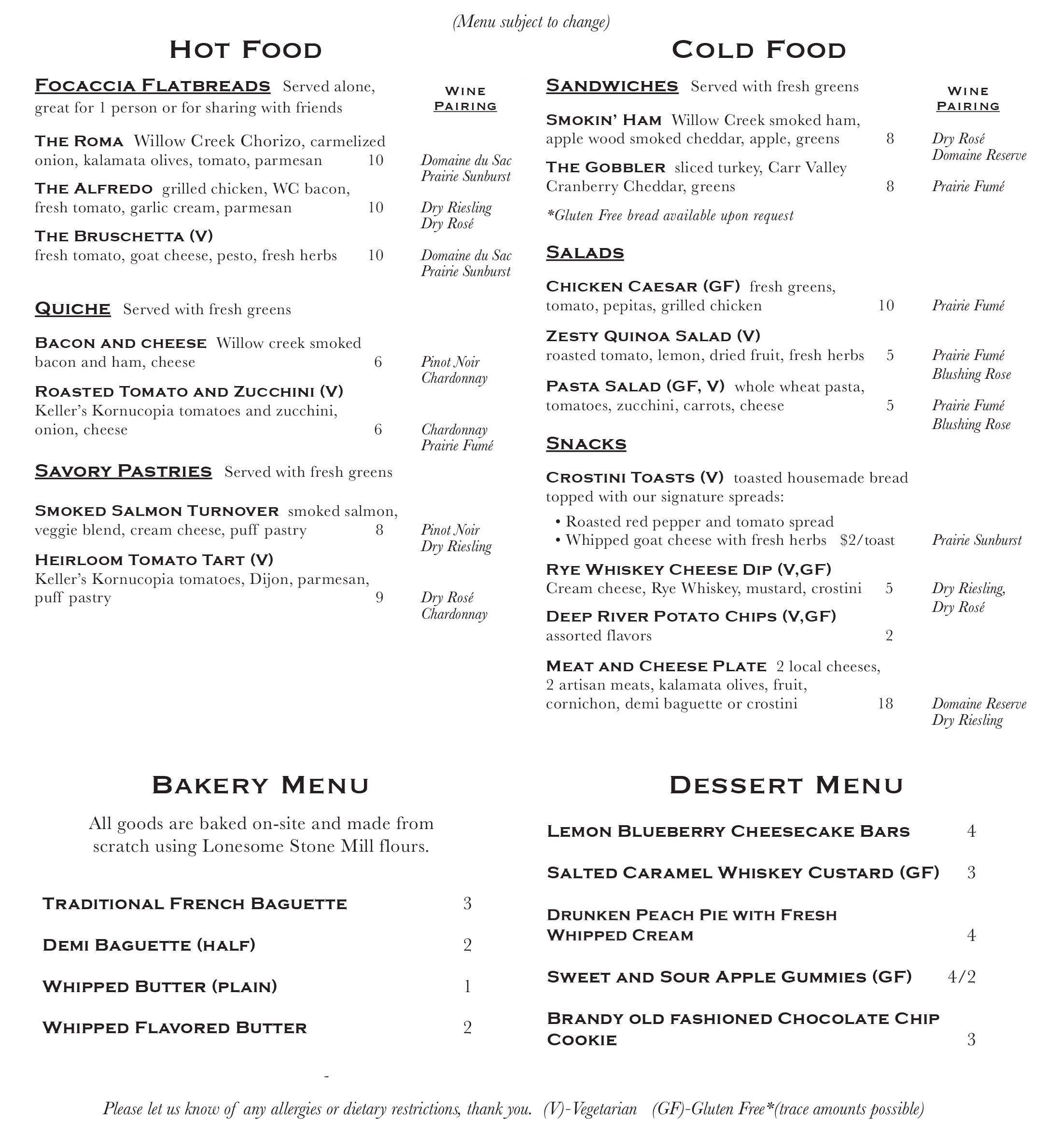 Bistro Menu Wollersheim Winery, Distillery & Bistro