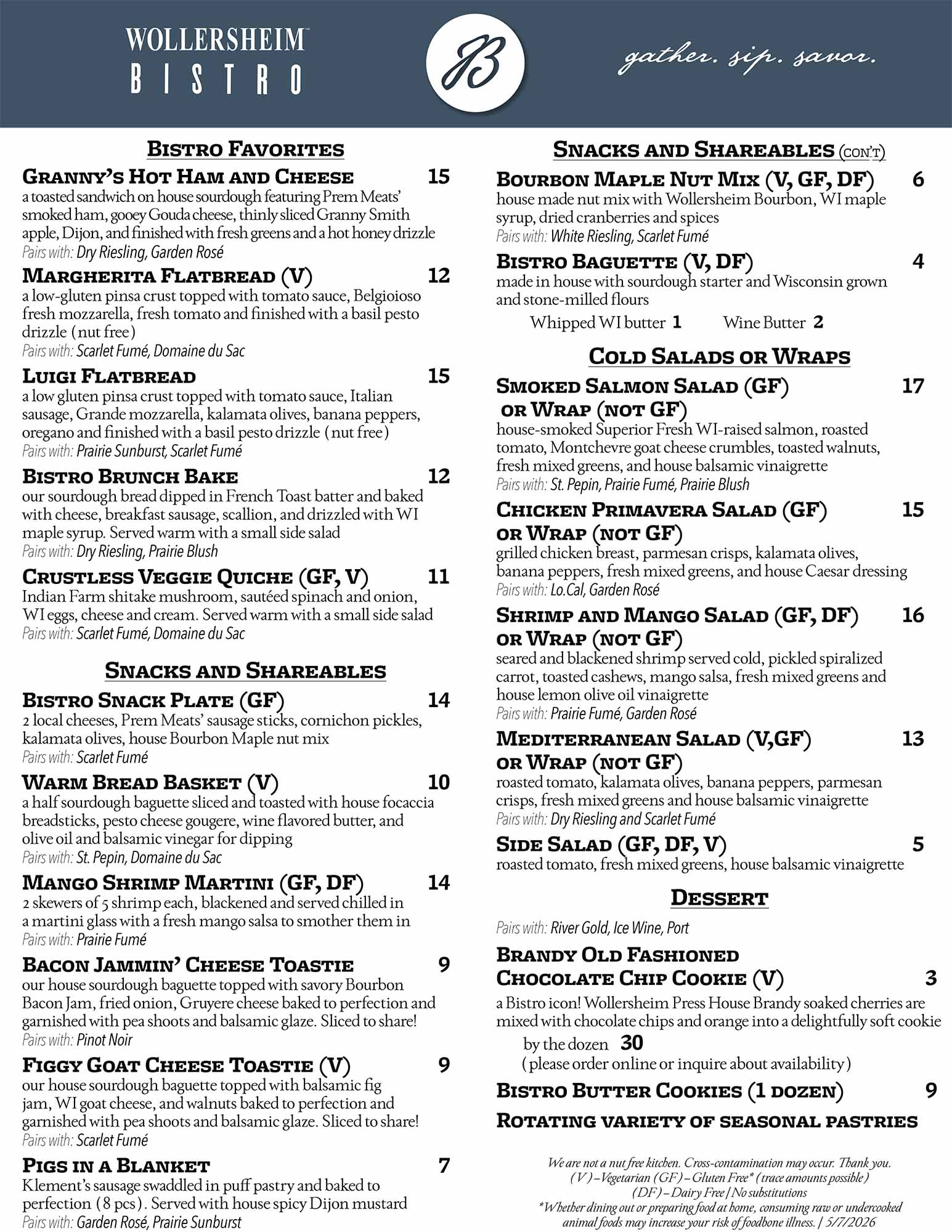 Wollersheim Bistro Menu - November 23, 2025