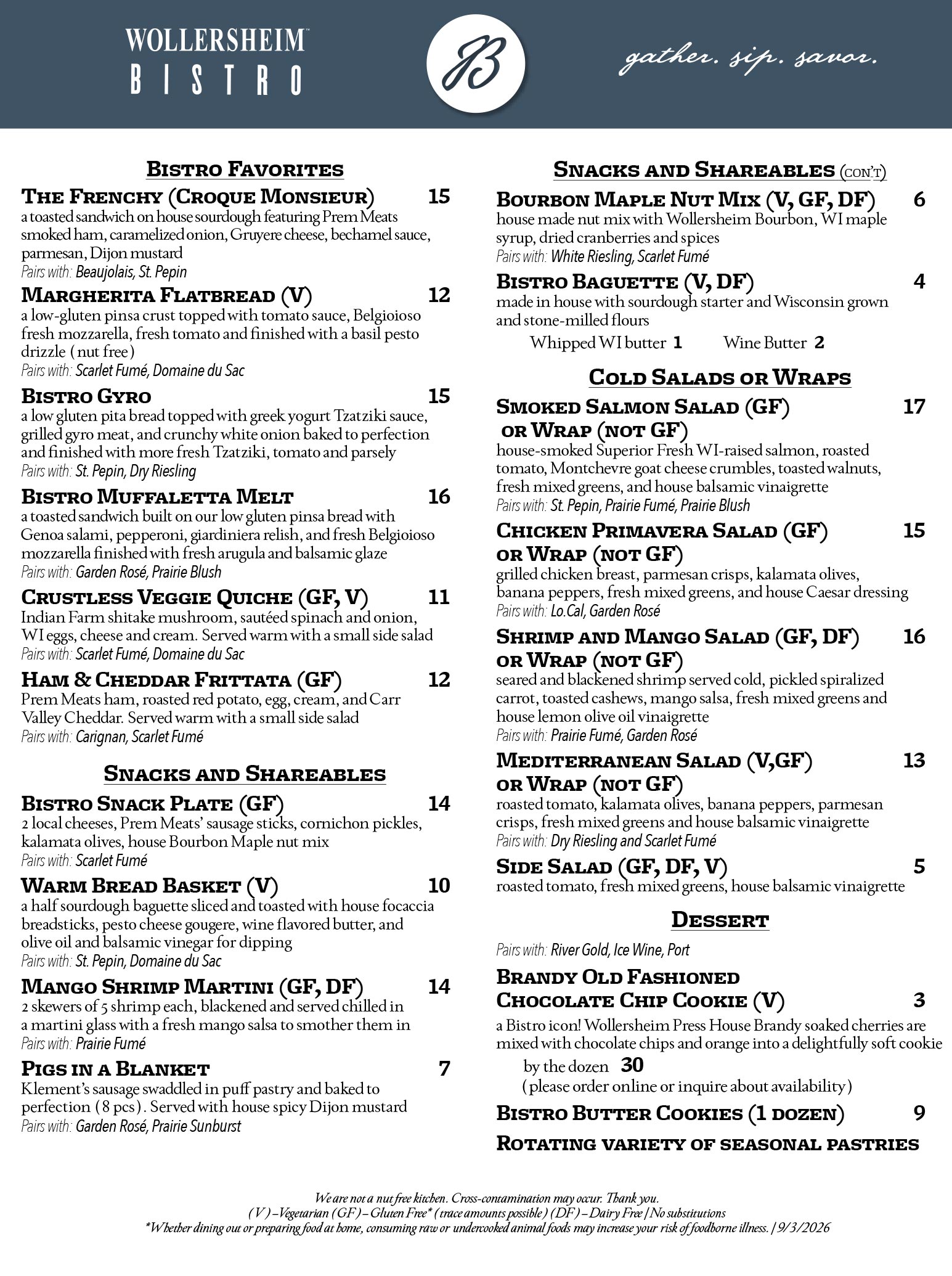 Wollersheim Bistro Menu