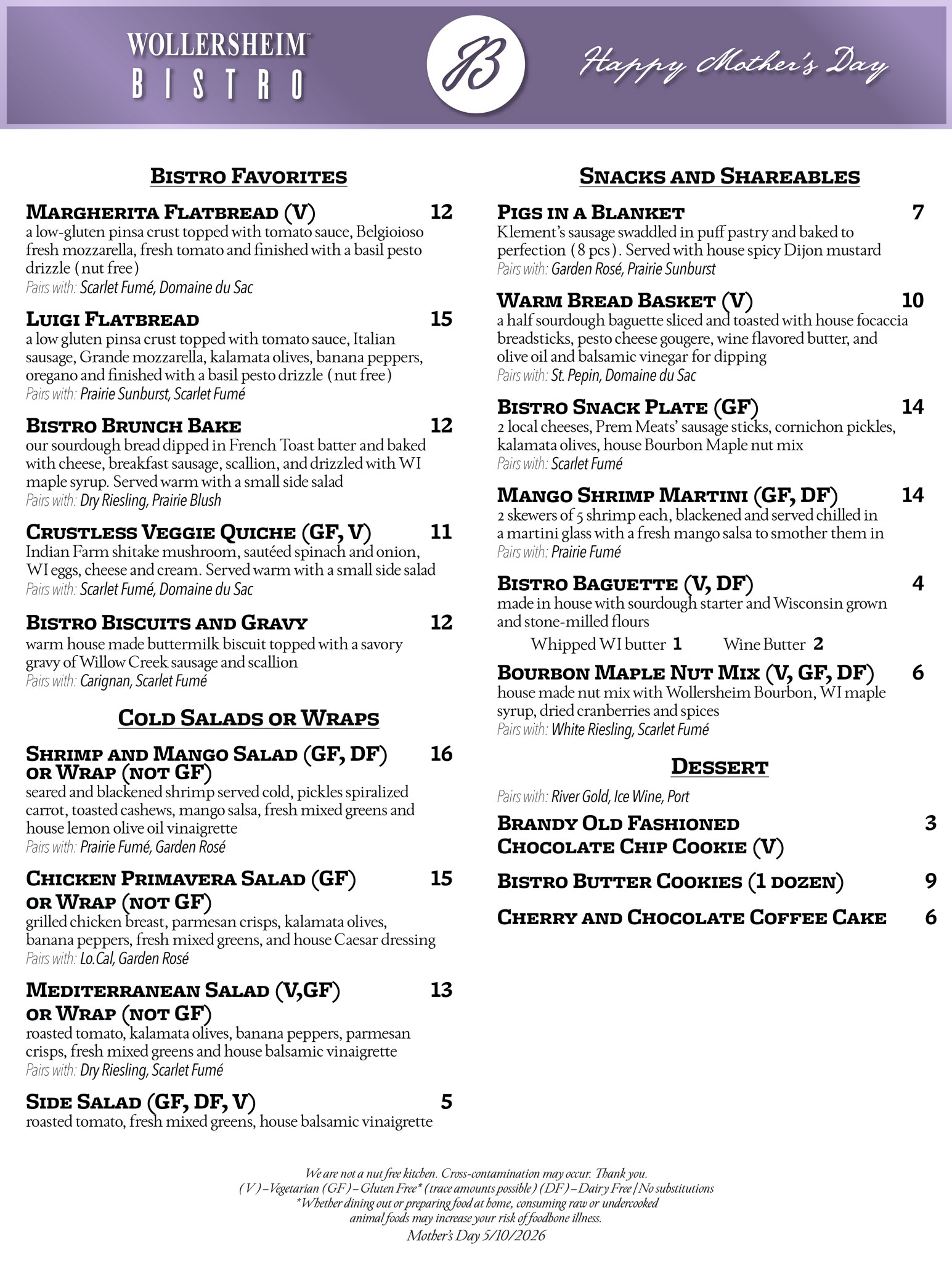 Wollersheim Bistro, Mother's Day Brunch menu