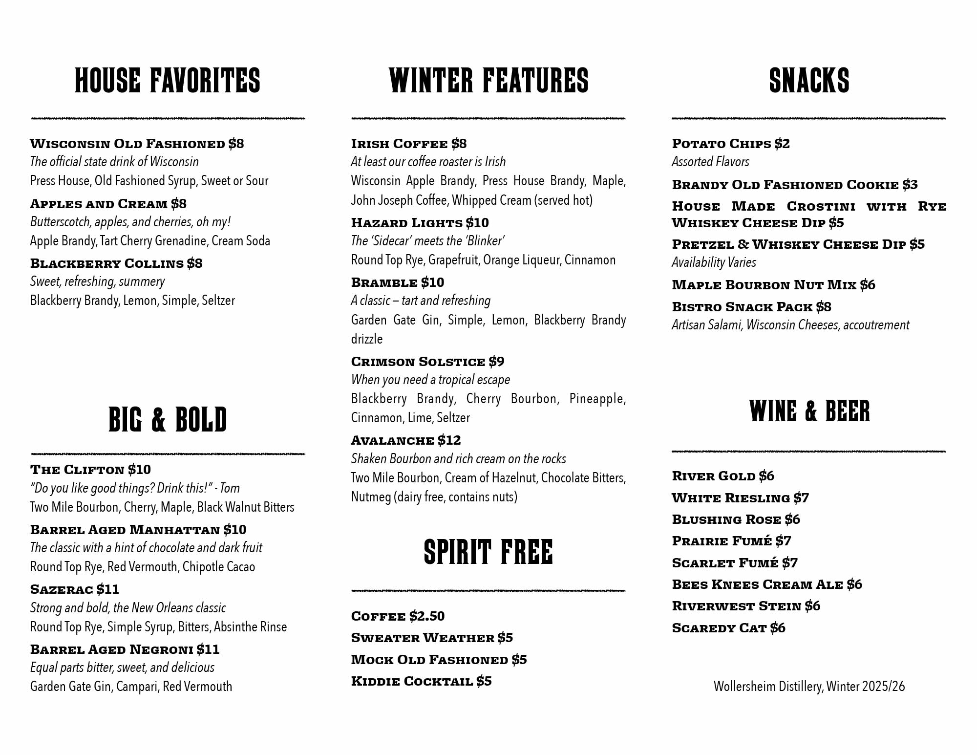 Wollersheim Distillery Menu Winter, 2025