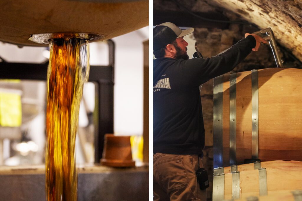 A bourbon barrel being emptied in the distillery next to an image of a man filling up a barrel with wine.