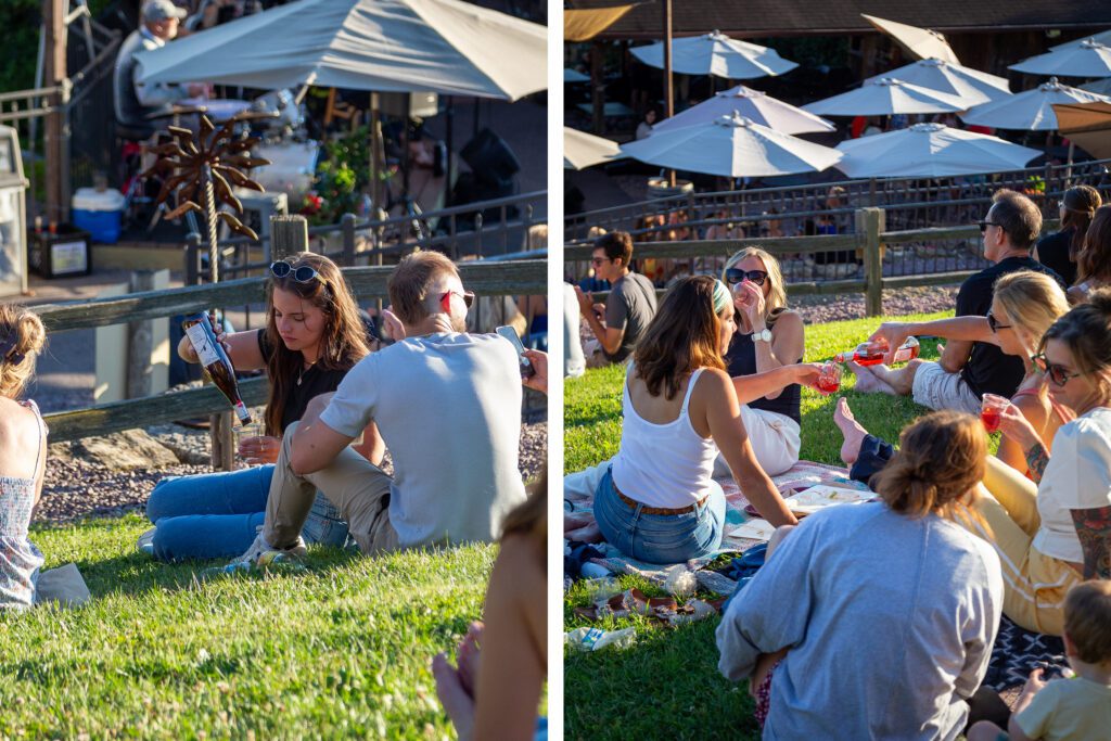 People pouring wine for friends at the Wollersheim Summer Serenades.