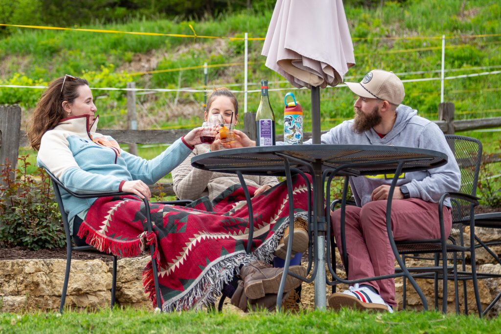 Friends toasting wine and spirits on the Wollersheim hillside at Summer Serenades.